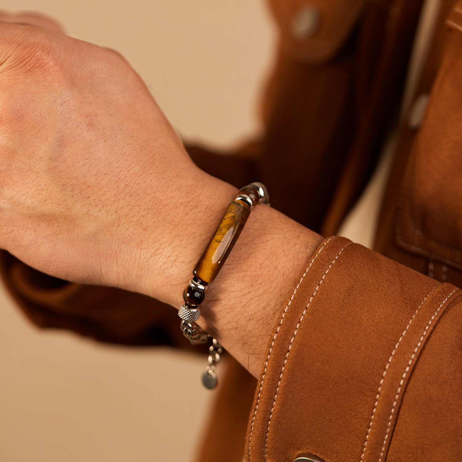 Wholesale Fashion Retro Chain Splicing Tiger Eye Stone Titanium Steel Men's Bracelet